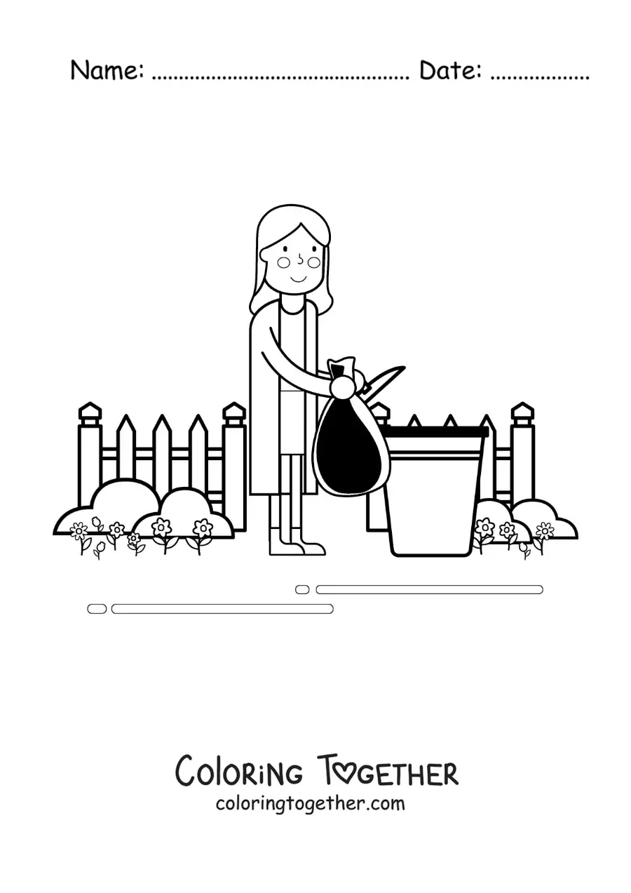 Coloring page of a woman throwing a trash bag into the bin