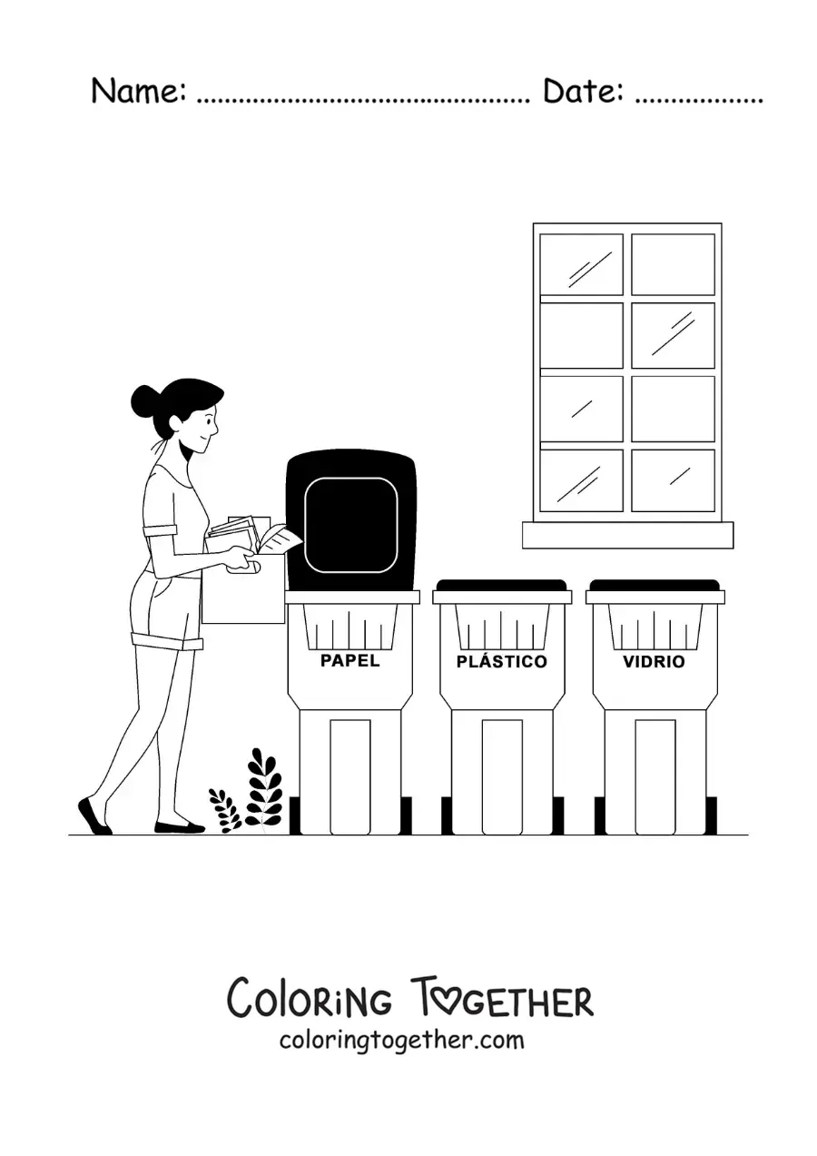 Coloring page of a girl carrying waste to the recycling bin