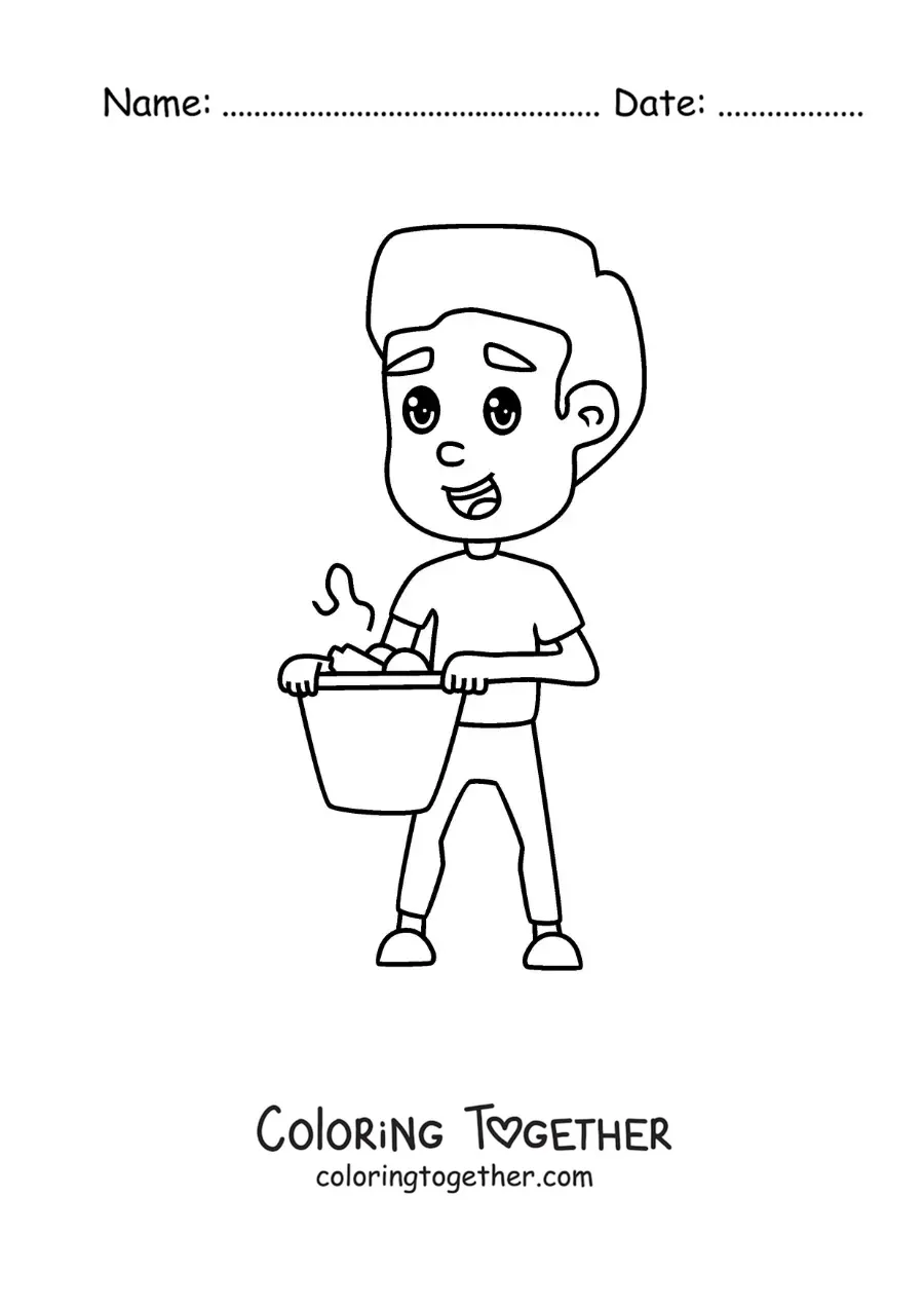 Coloring page of a boy with a trash bin