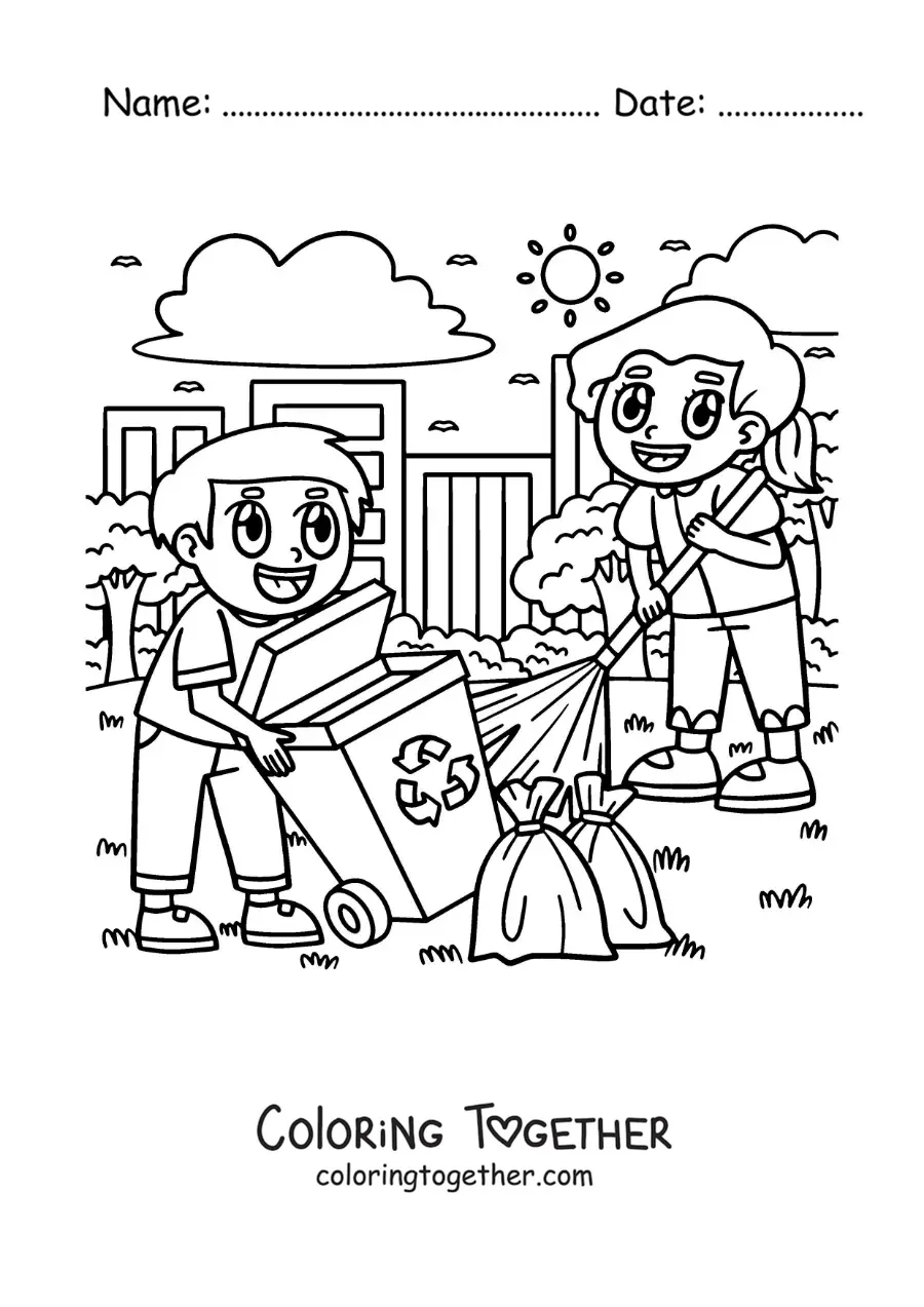 Coloring page of two children sweeping the yard and taking out the trash