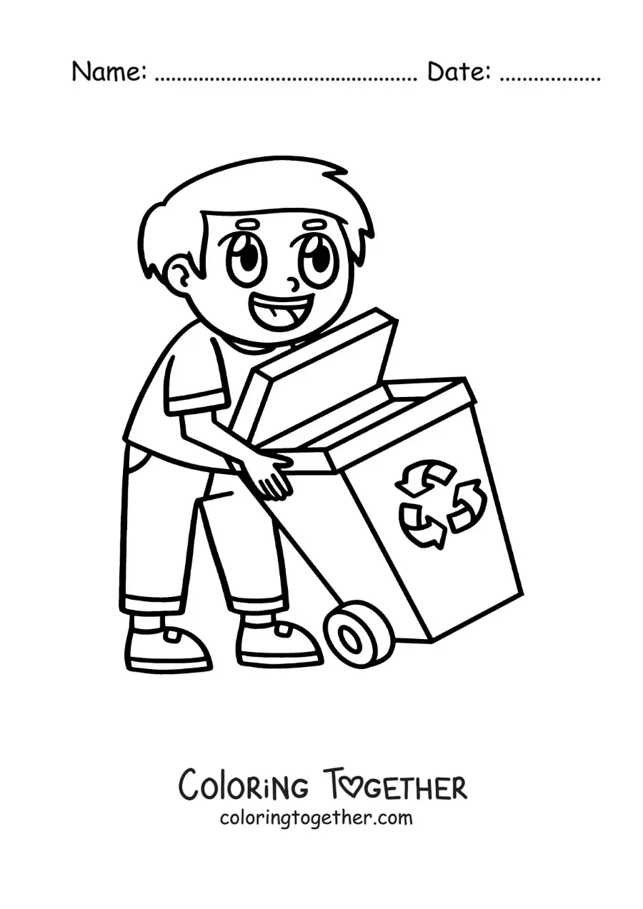 Coloring page of a boy carrying a recycling bin