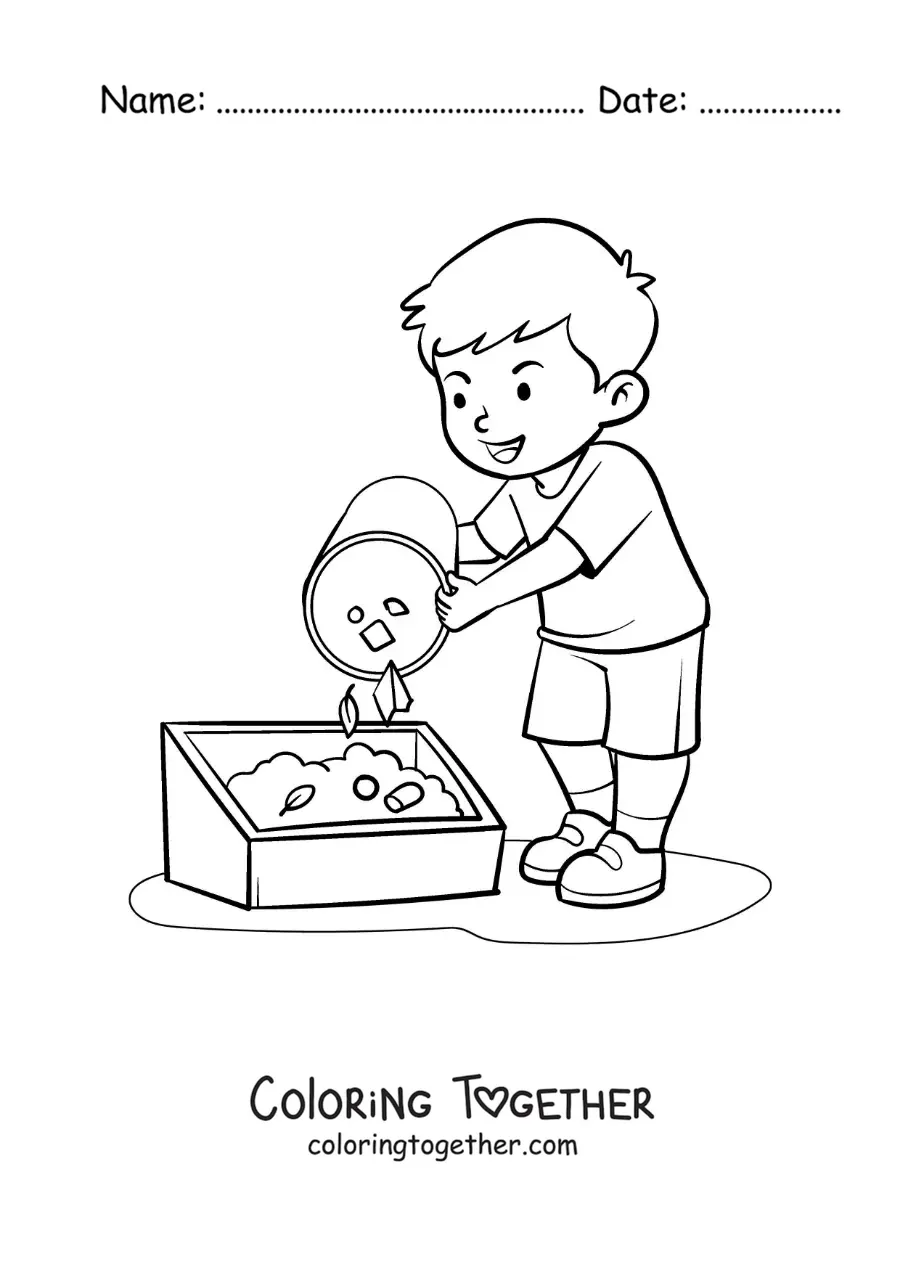 Coloring page of a boy composting organic waste
