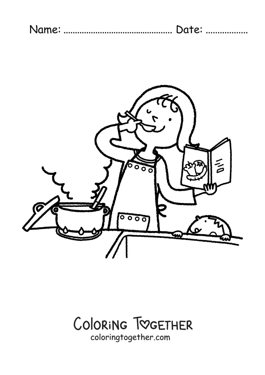 Coloring page of a mother cooking a recipe with her son