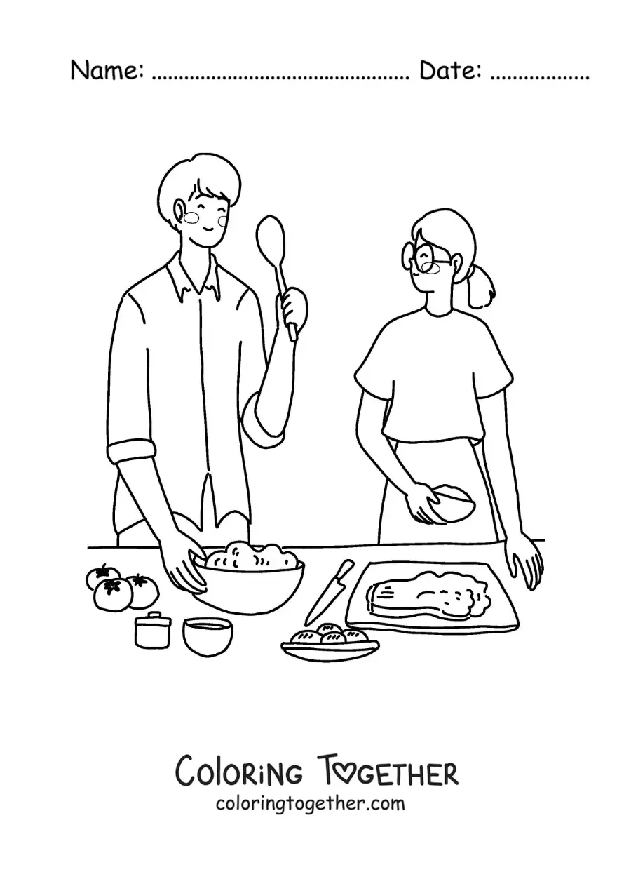 Coloring page of a couple cooking together