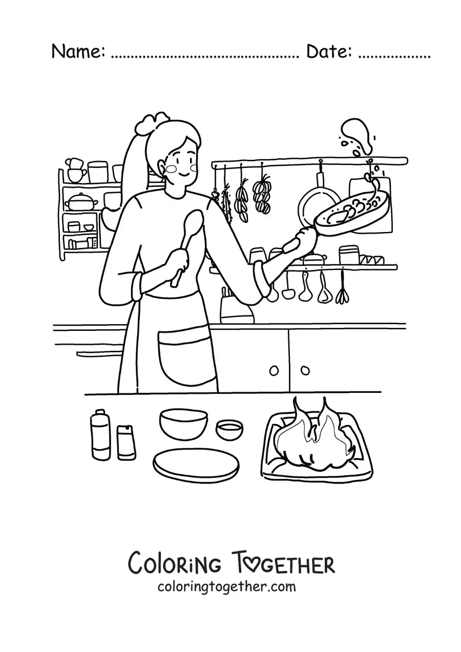 Coloring page of a woman cooking at home