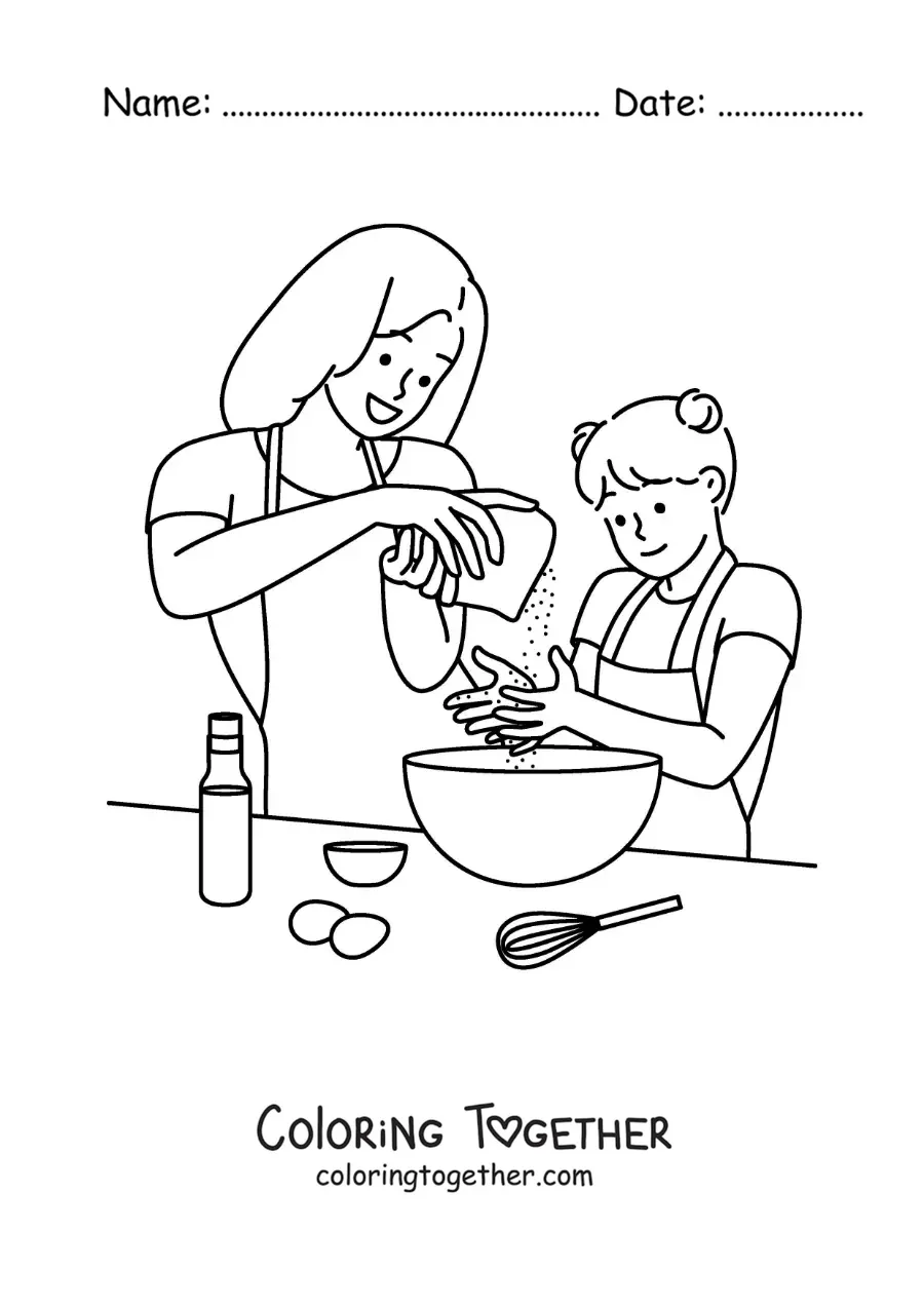 Coloring page of a mother cooking with her daughter