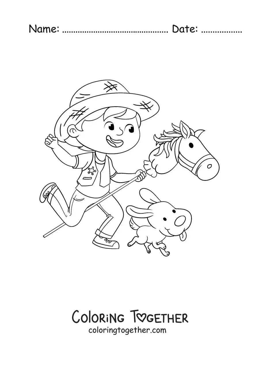 Coloring page of a boy playing dressed up as a cowboy