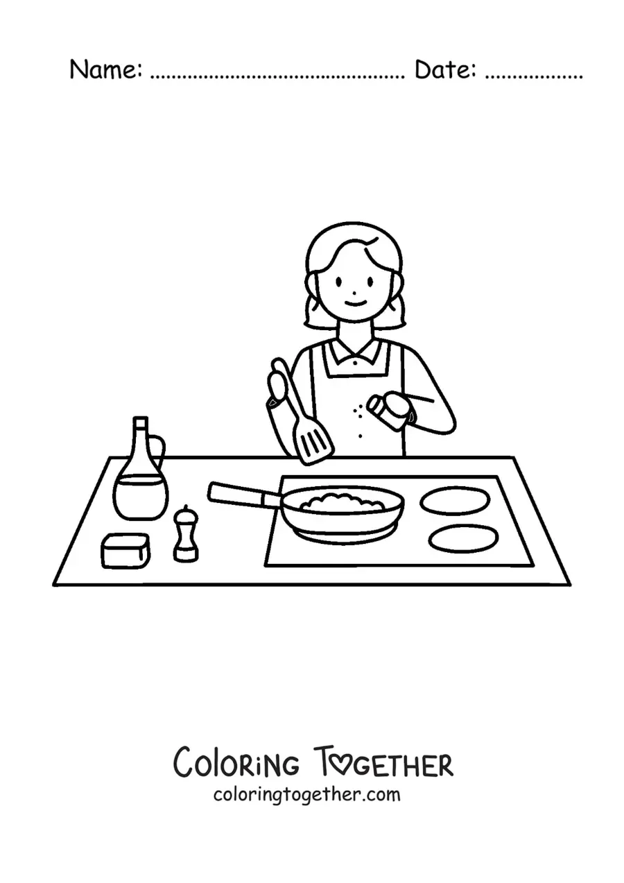 Coloring page of a girl cooking in a frying pan