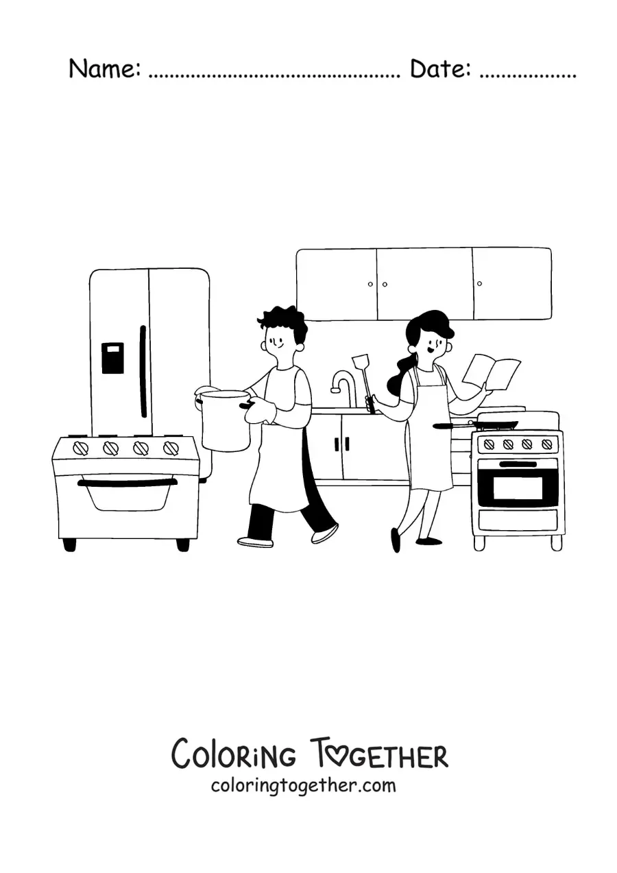 Coloring page of mom and dad cooking at home