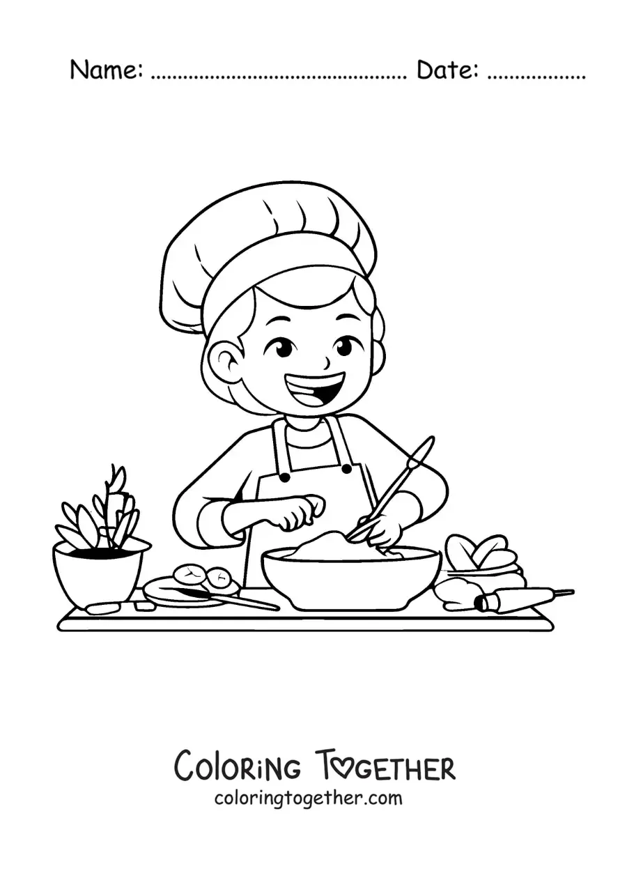 Coloring page of a little girl cooking with a chef's hat