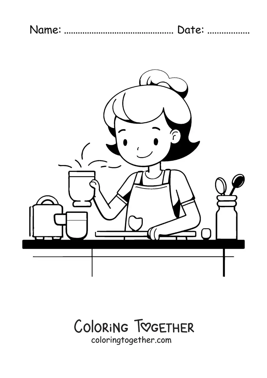 Coloring page of a little girl cooking at home