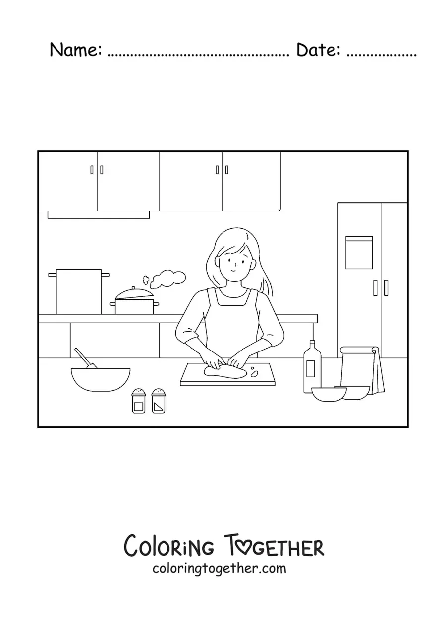 Coloring page of a mother cooking in the kitchen
