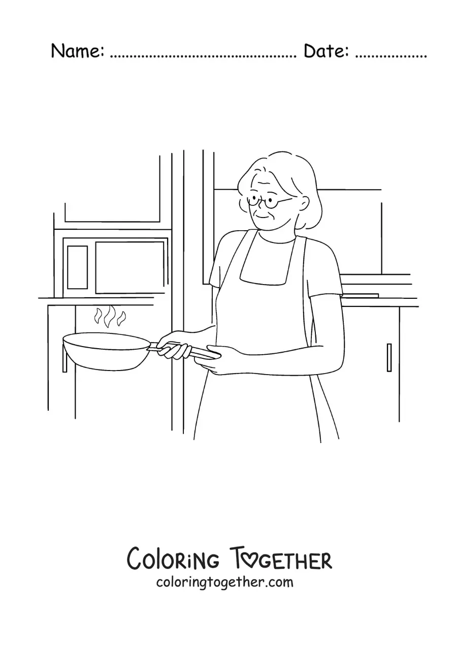 Coloring page of a grandmother cooking in a frying pan in the kitchen