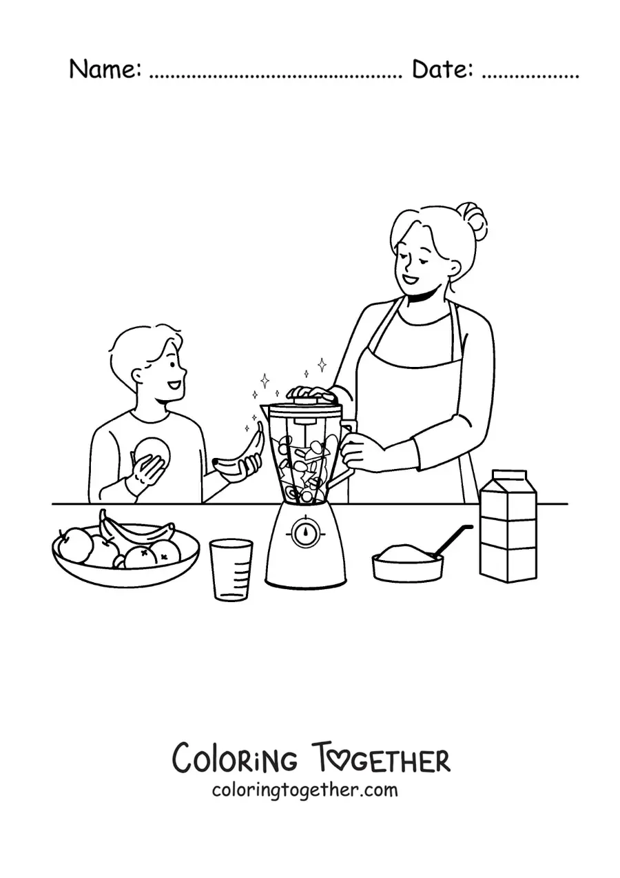 Coloring page of a mom and her son making a smoothie in the blender