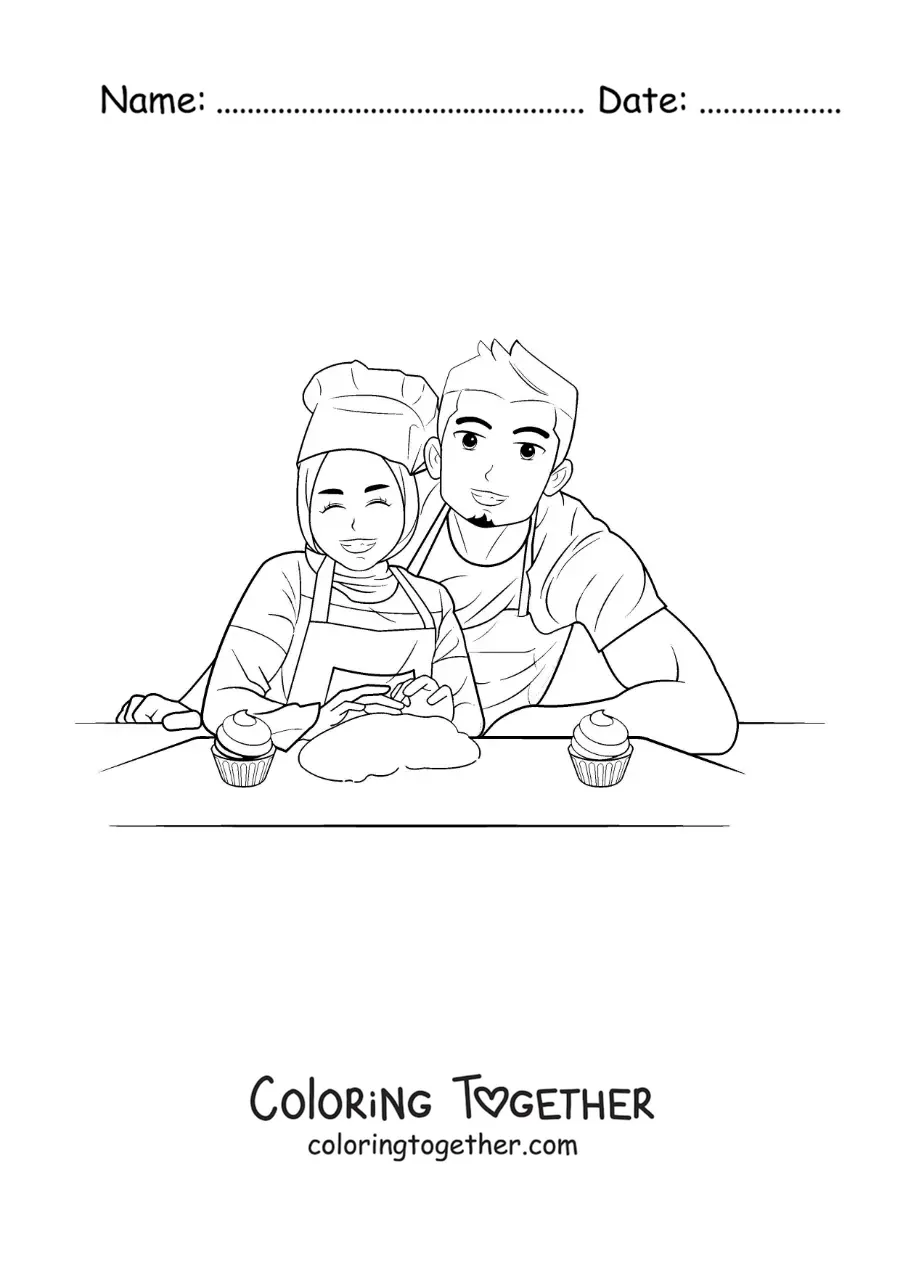 Coloring page of a dad and his daughter wearing a hijab cooking desserts