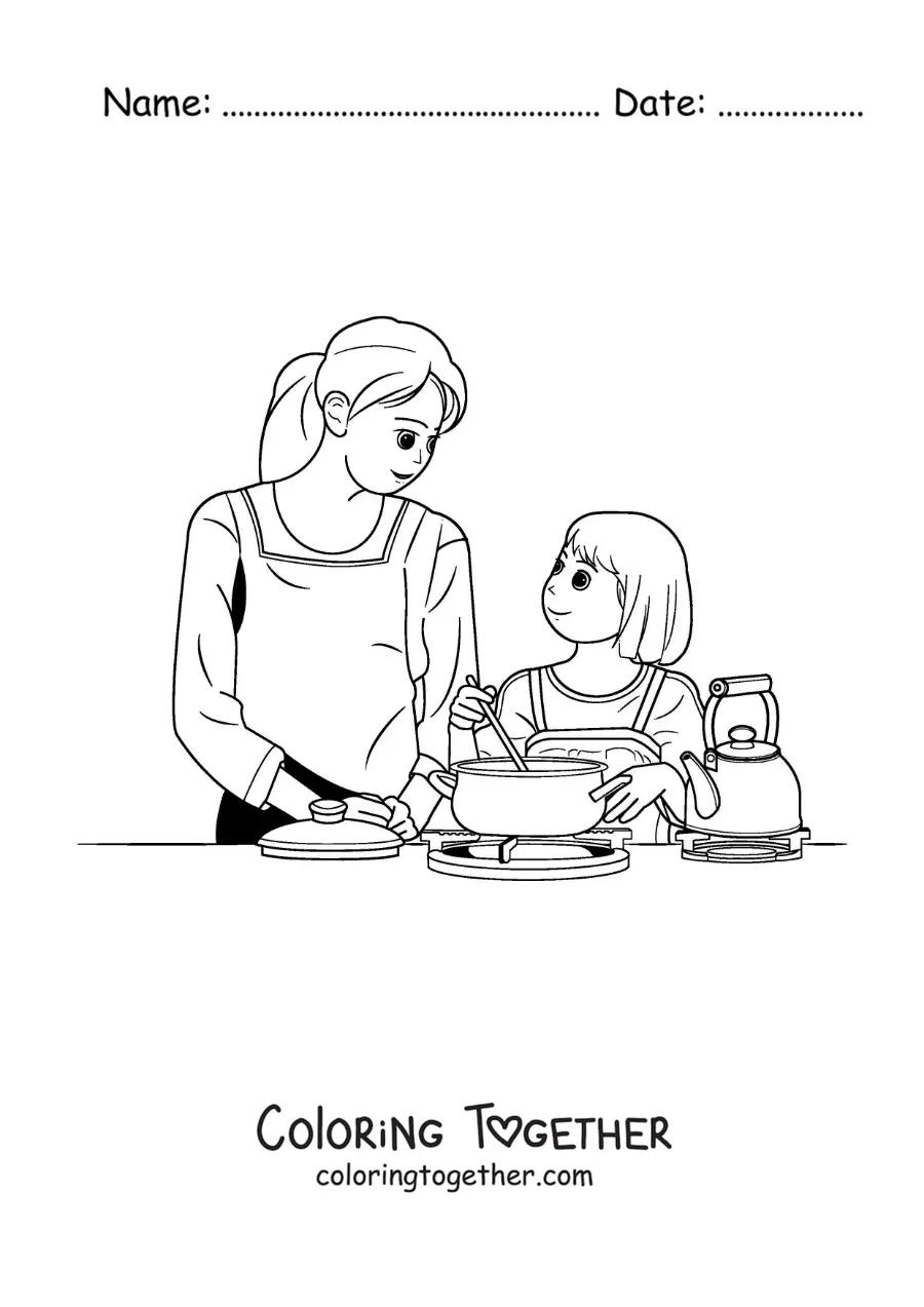 Coloring page of a girl helping her mother cook