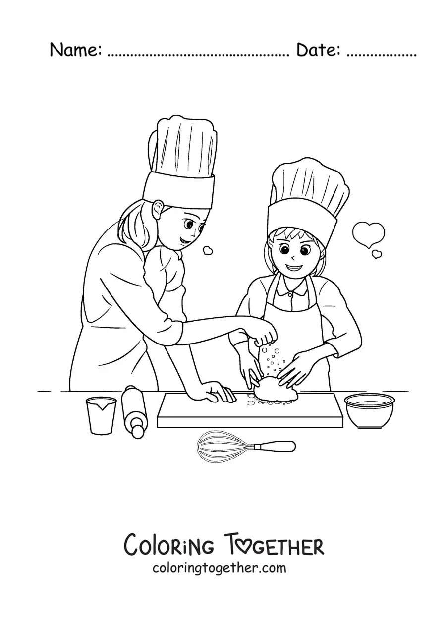 Coloring page of a mother helping her daughter cook a dessert