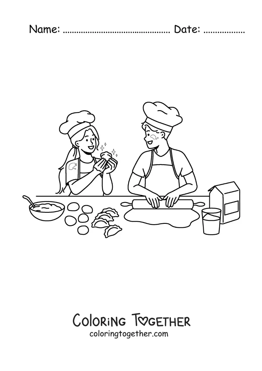Coloring page of a couple cooking empanadas