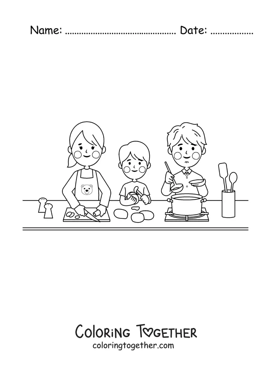 Coloring page of a kawaii family cooking at home