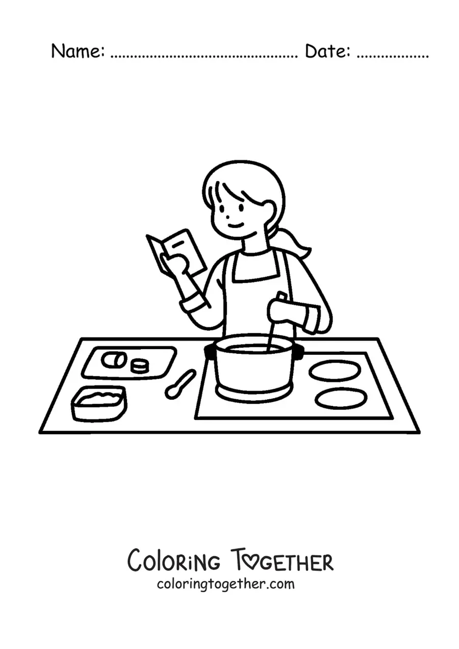 Coloring page of a woman following a cooking recipe