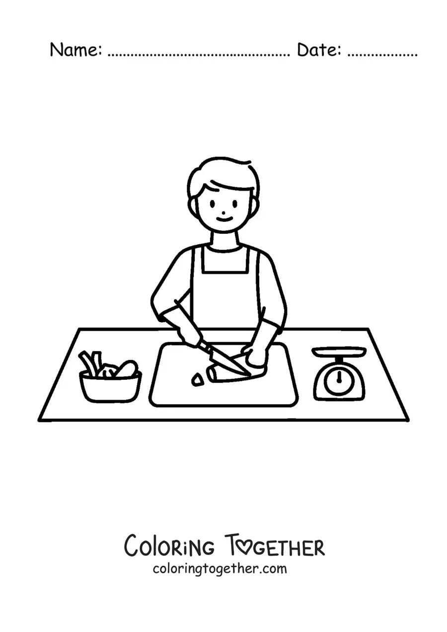 Coloring page of a man slicing vegetables in the kitchen