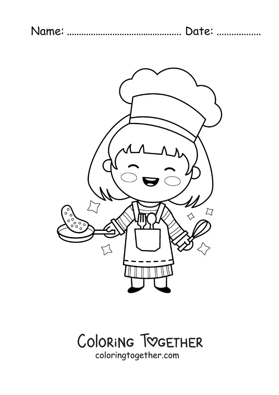 Coloring page of a kawaii girl cooking an omelette
