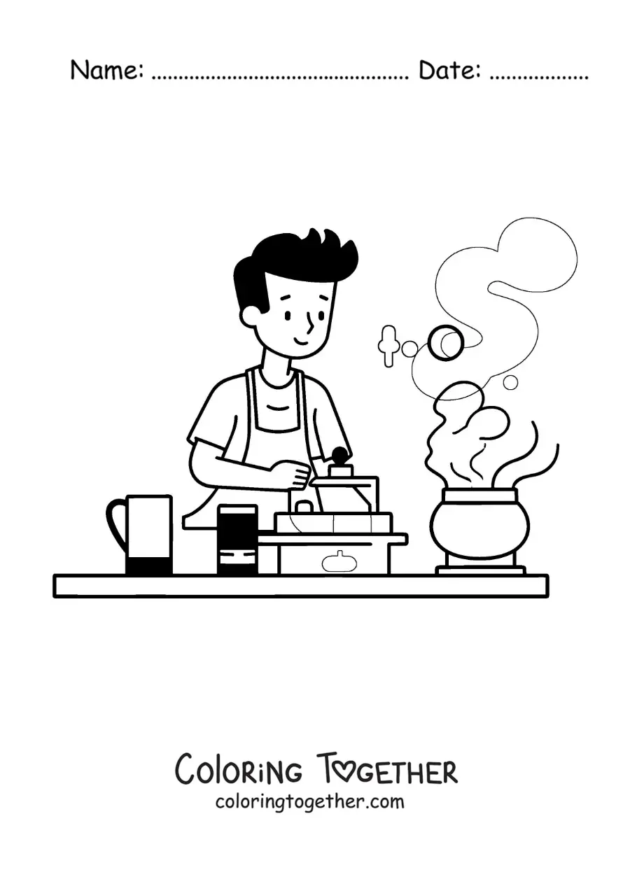 Coloring page of a man cooking at home