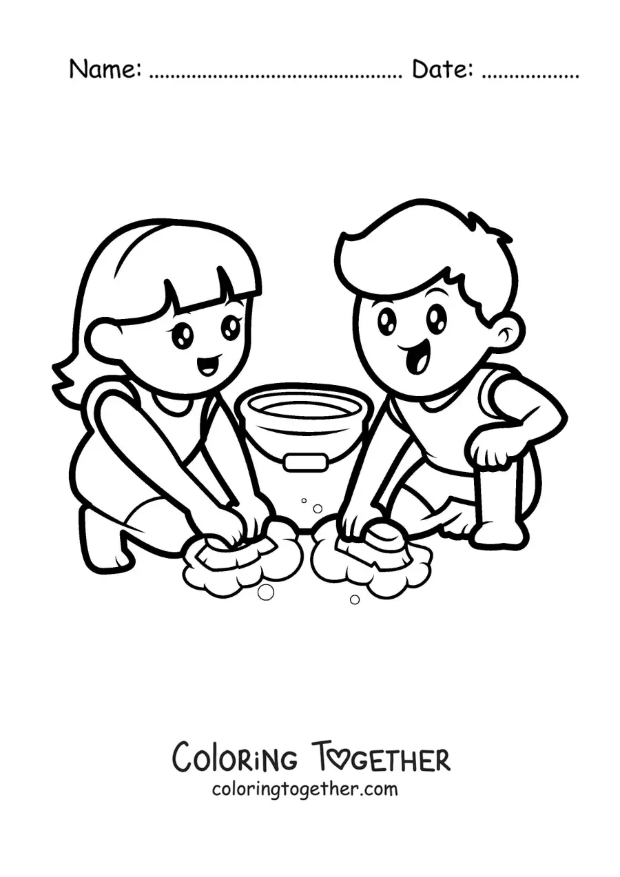 Coloring page of two kawaii children mopping the floor at home