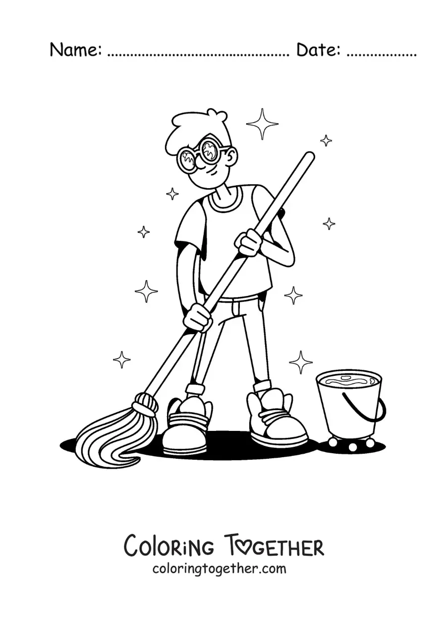 Coloring page of a boy mopping the floor at home