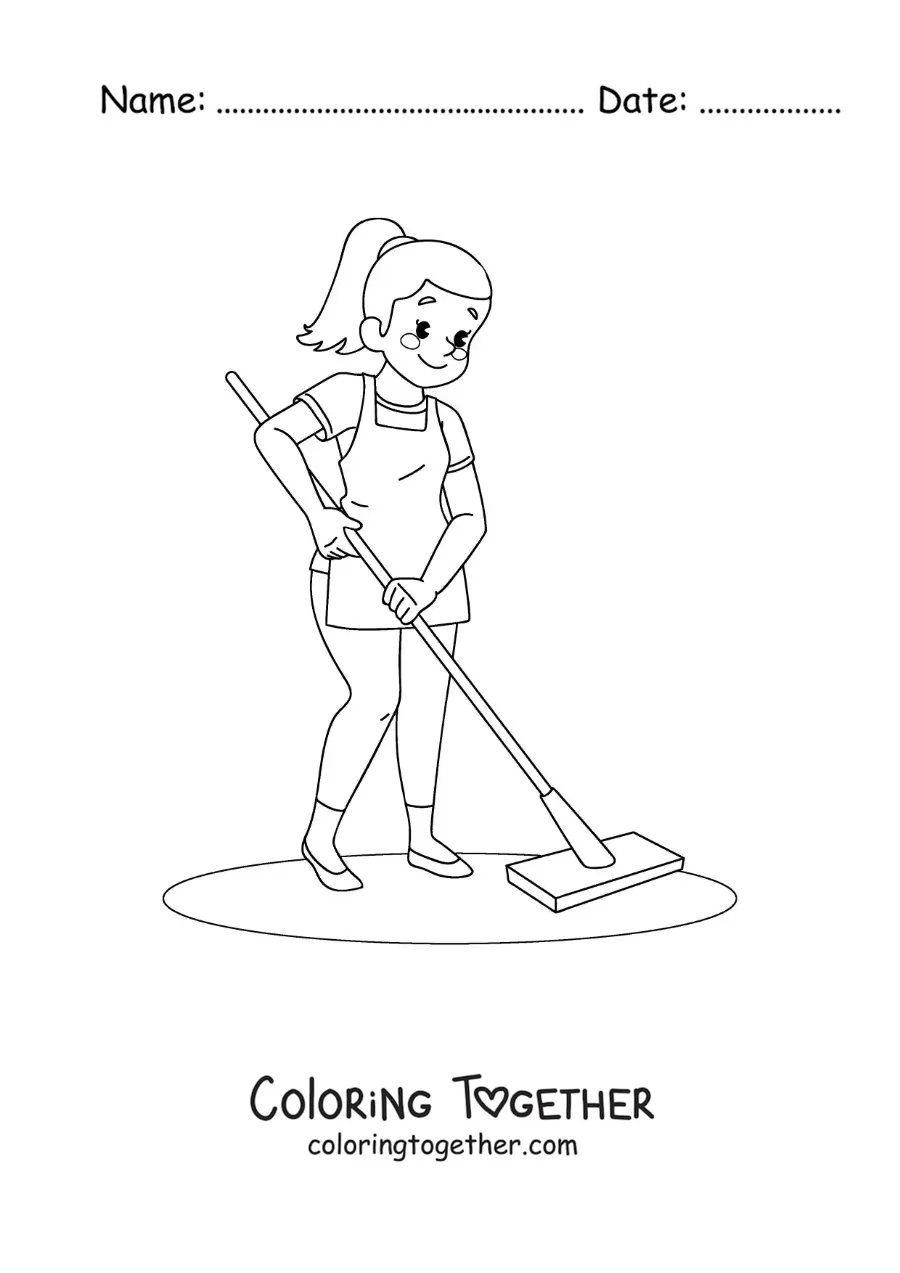 Coloring page of a mother cleaning the floor with a mop
