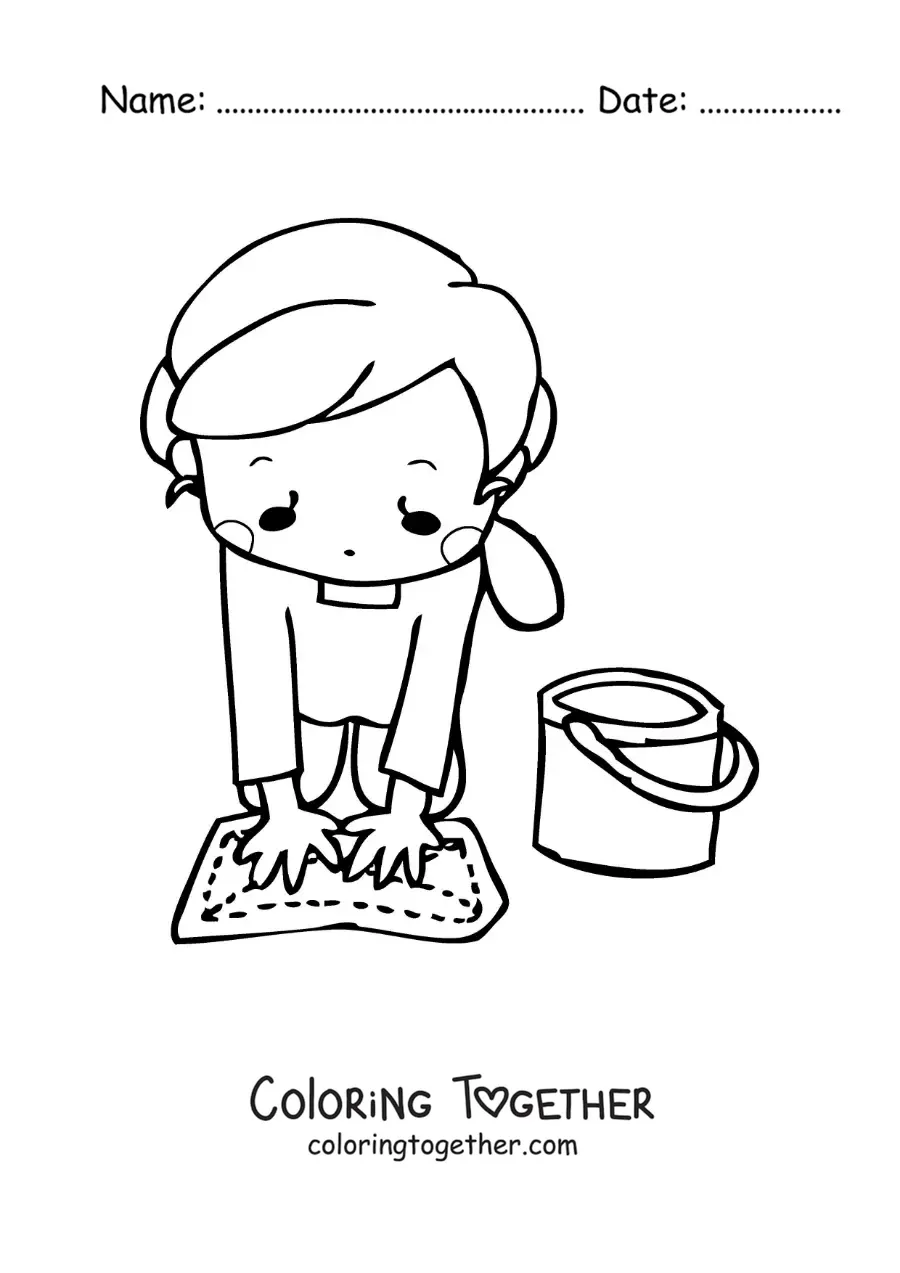 Coloring page of a woman cleaning the floor