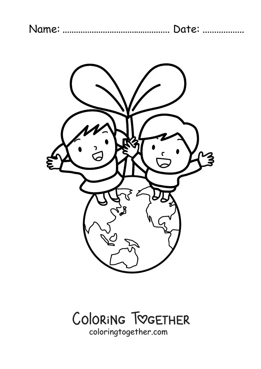 Coloring page of two children taking care of the planet