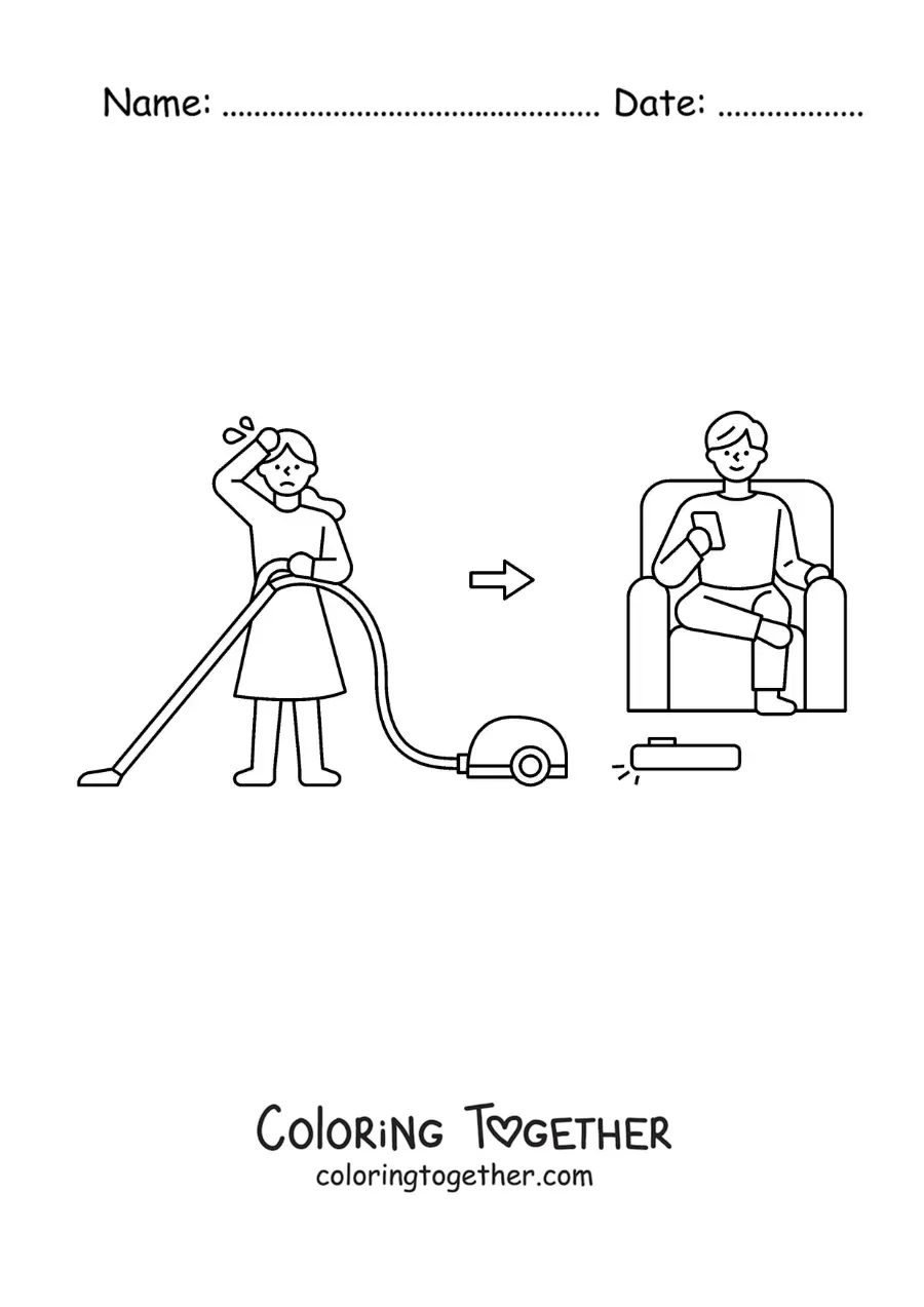 Coloring page of a woman vacuuming the house vs a man with a robot vacuum