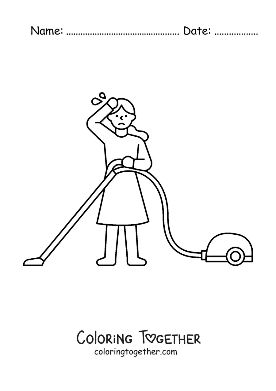 Coloring page of a woman exhausted from vacuuming the floor