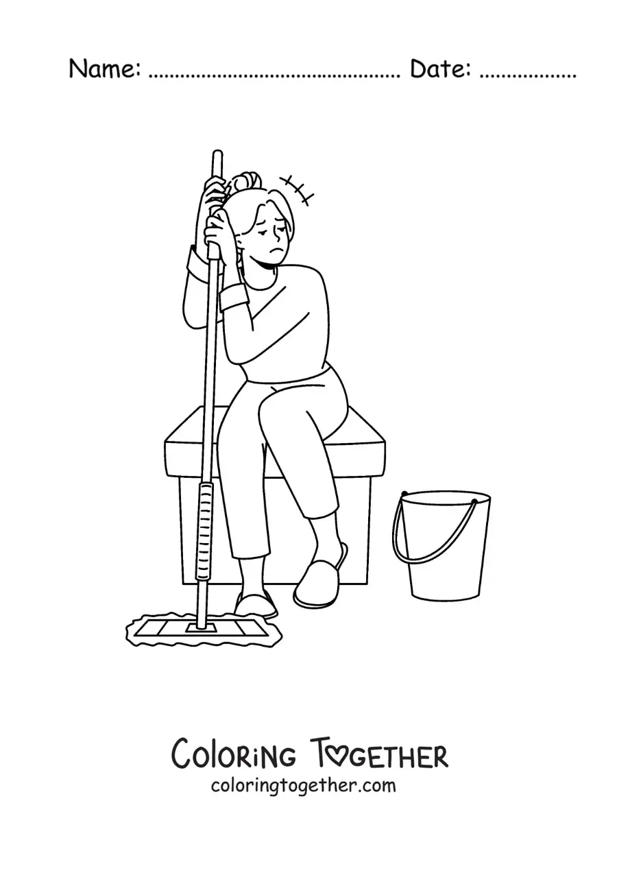 Coloring page of a girl exhausted from mopping the floor