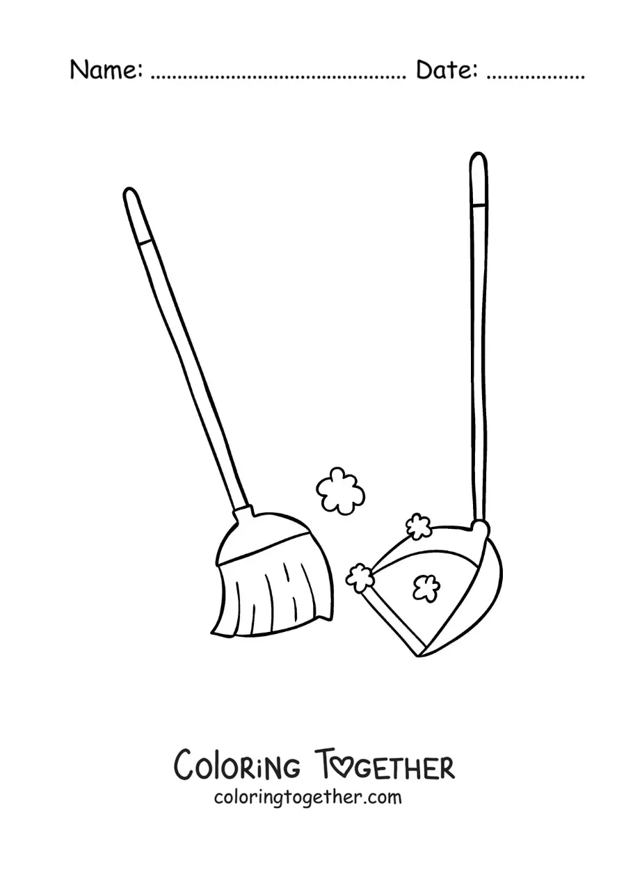 Coloring page of a broom sweeping dust and a dustpan