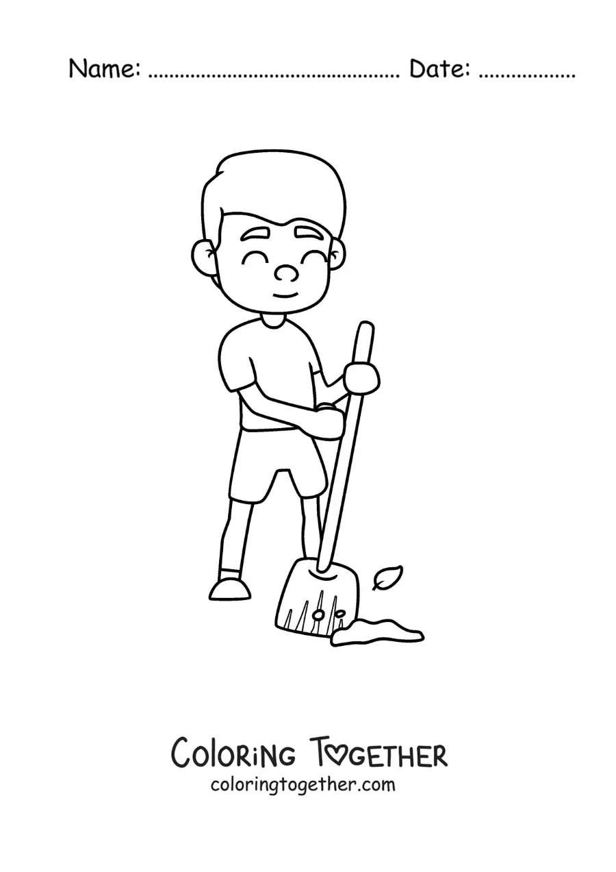 Coloring page of a boy helping to sweep at home
