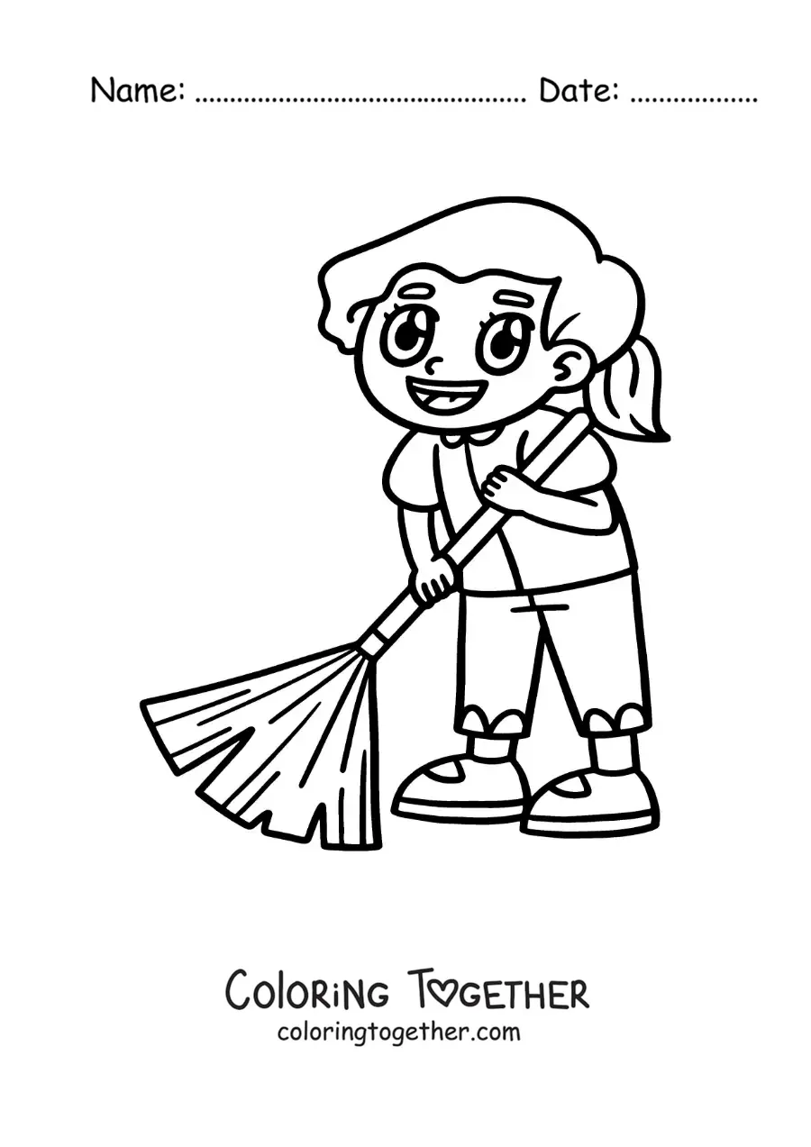 Coloring page of a kawaii girl helping to sweep at home