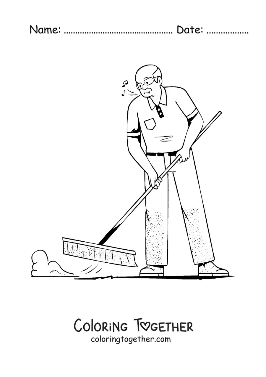 Coloring page of a grandfather sweeping the floor at home