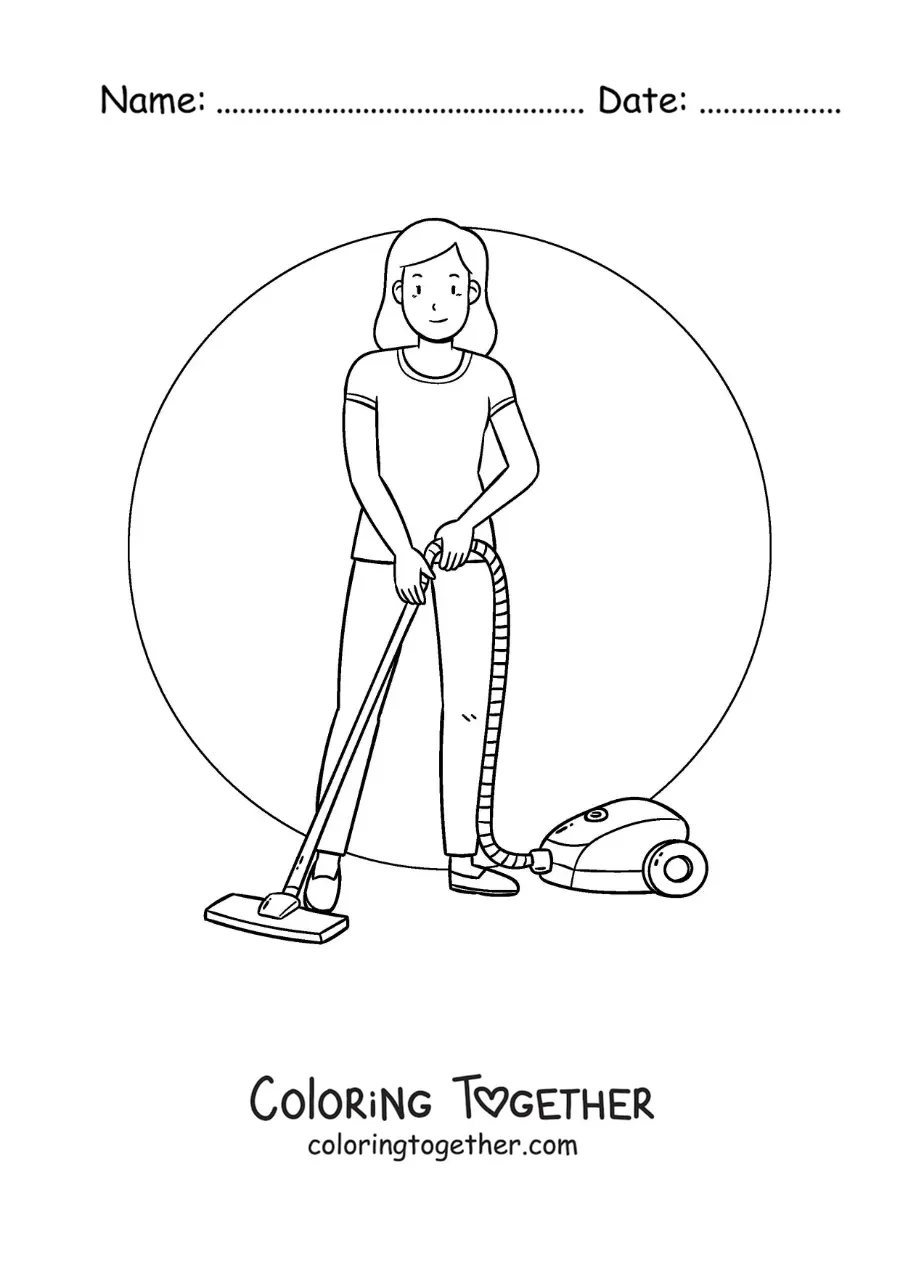 Coloring page of a mother vacuuming the floor at home
