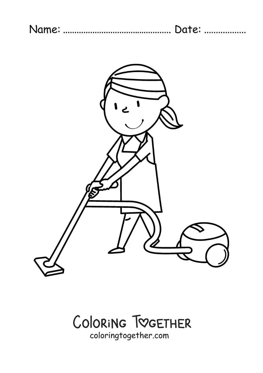 Coloring page of a cartoon woman vacuuming the floor