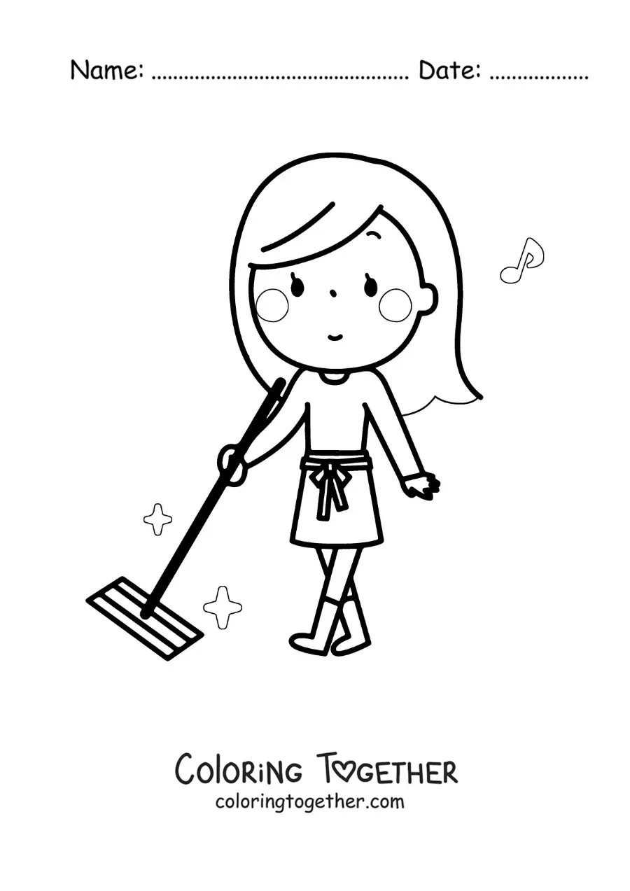 Coloring page of a kawaii woman cleaning the floor with a mop