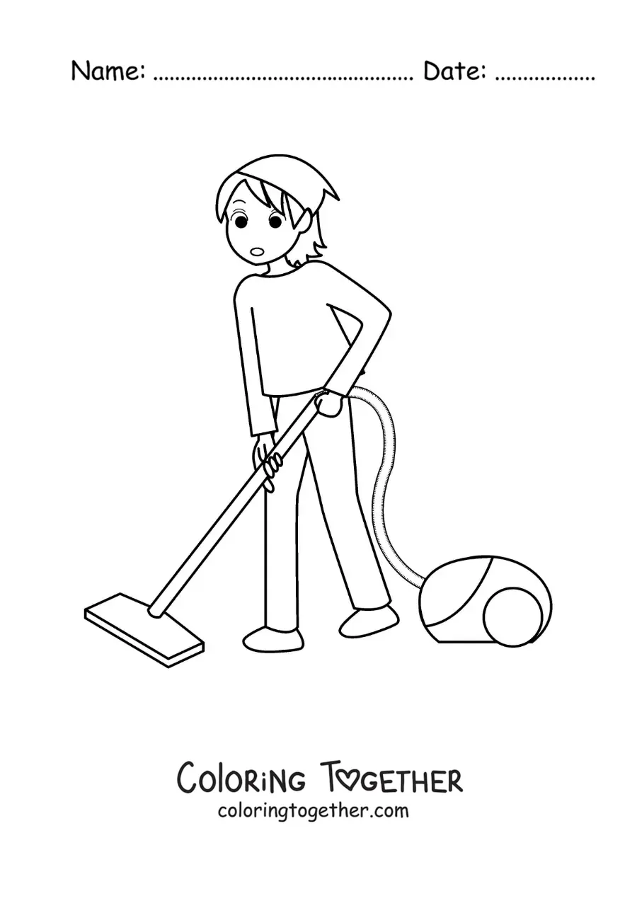 Coloring page of a young woman vacuuming the floor