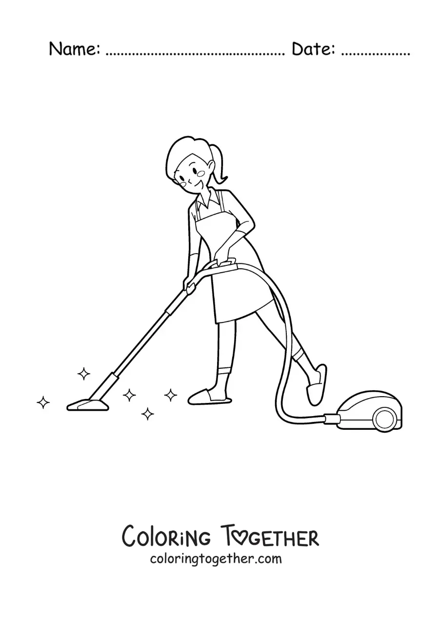 Coloring page of a housewife cleaning the floor with the vacuum cleaner