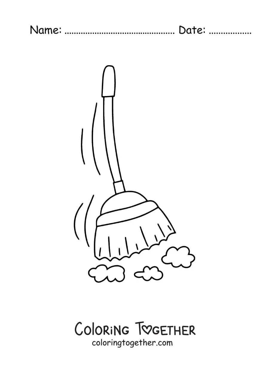Coloring page of a broom sweeping dust