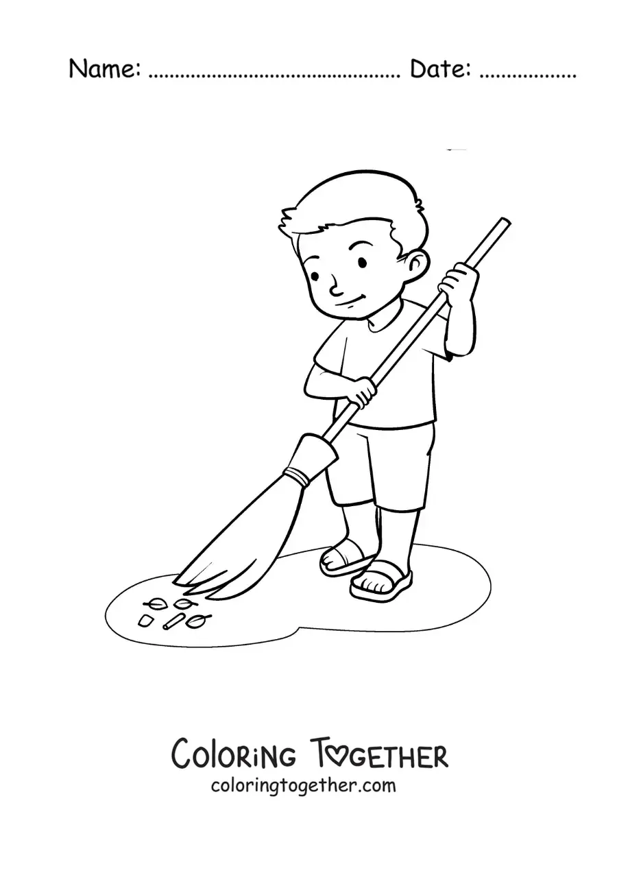Coloring page of a boy sweeping dust at home