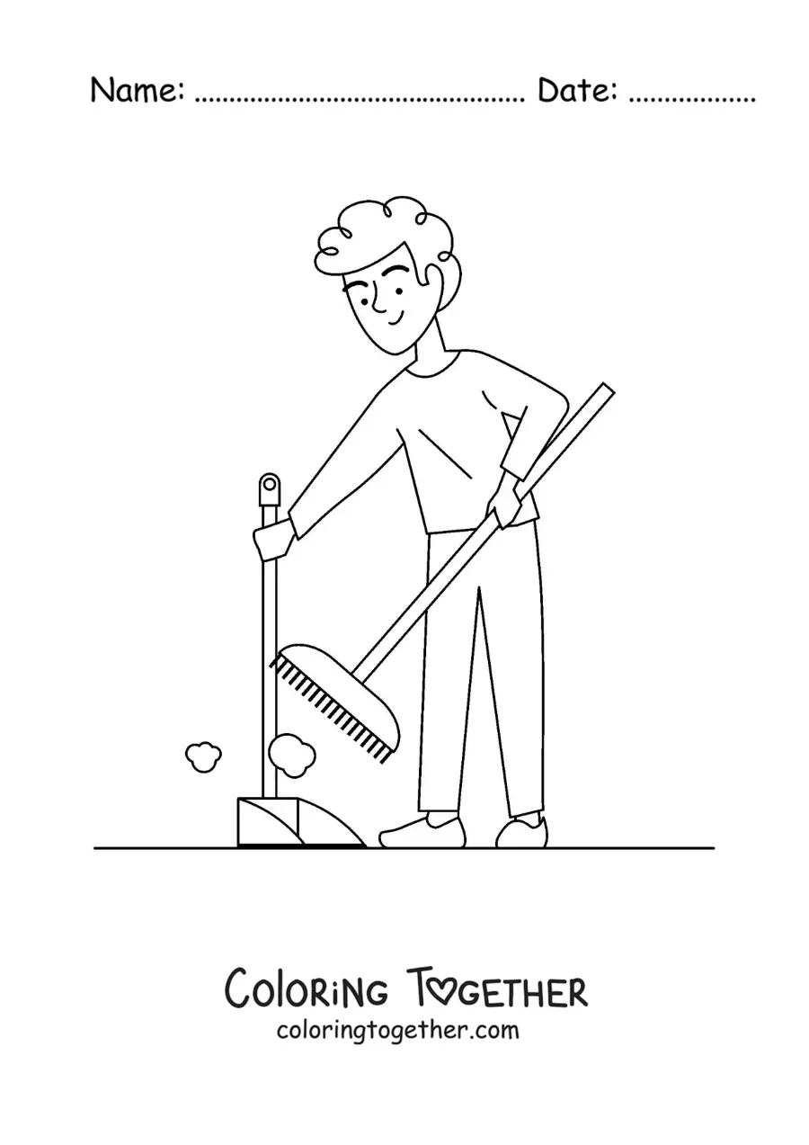 Coloring page of a boy sweeping dust at home with a dustpan