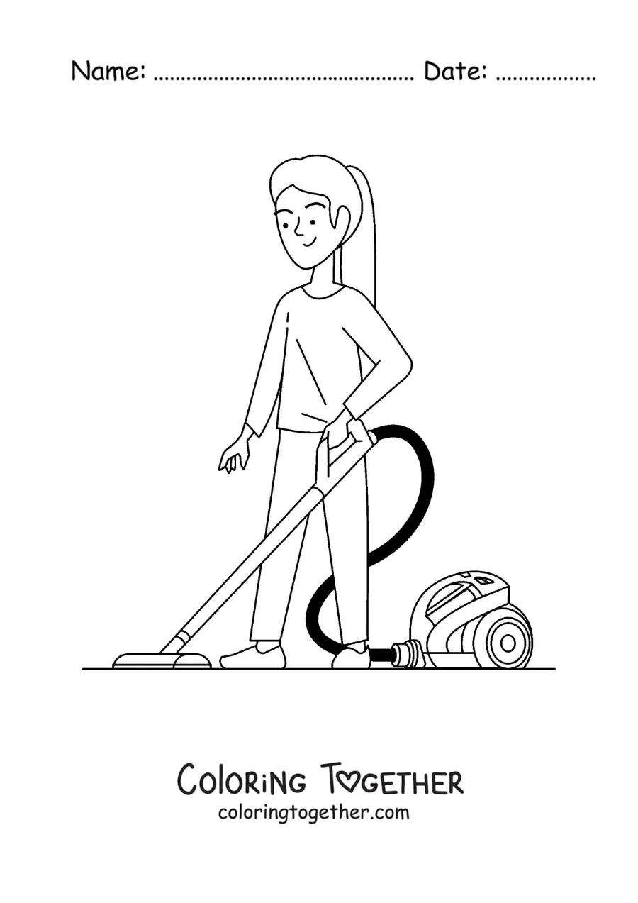 Coloring page of a girl vacuuming dust at home