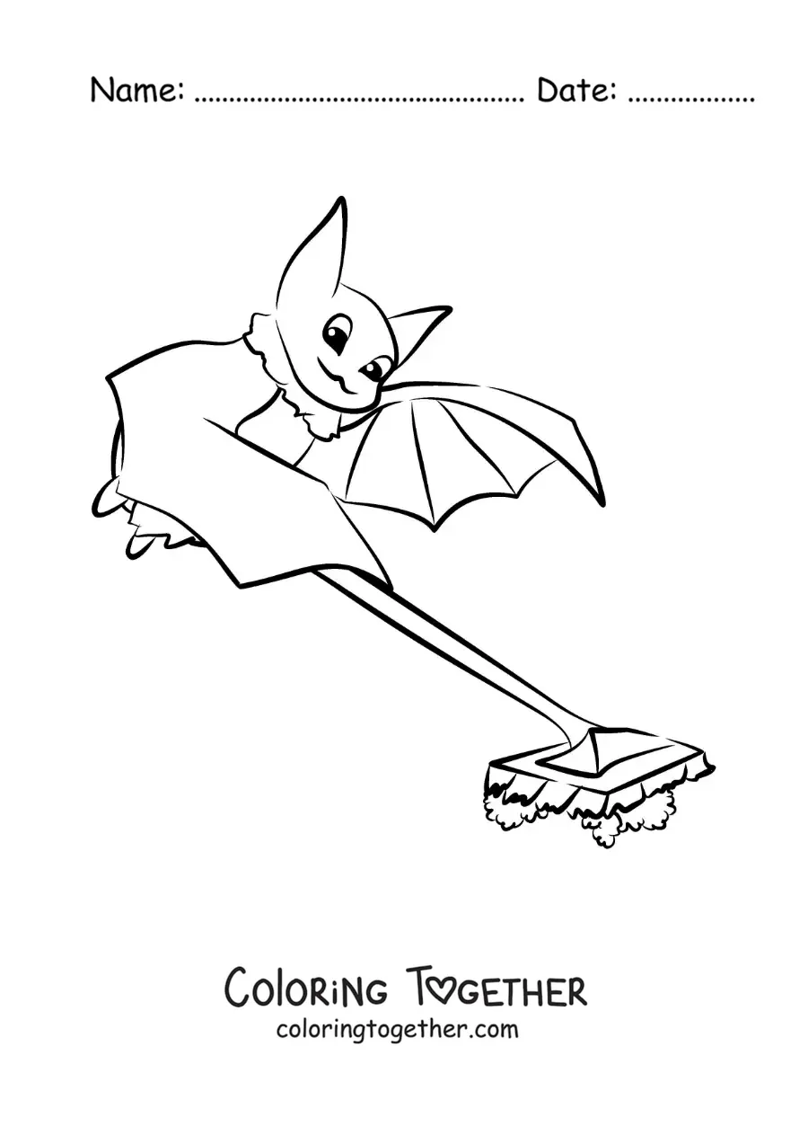 Coloring page of a cartoon bat cleaning the floor with a mop