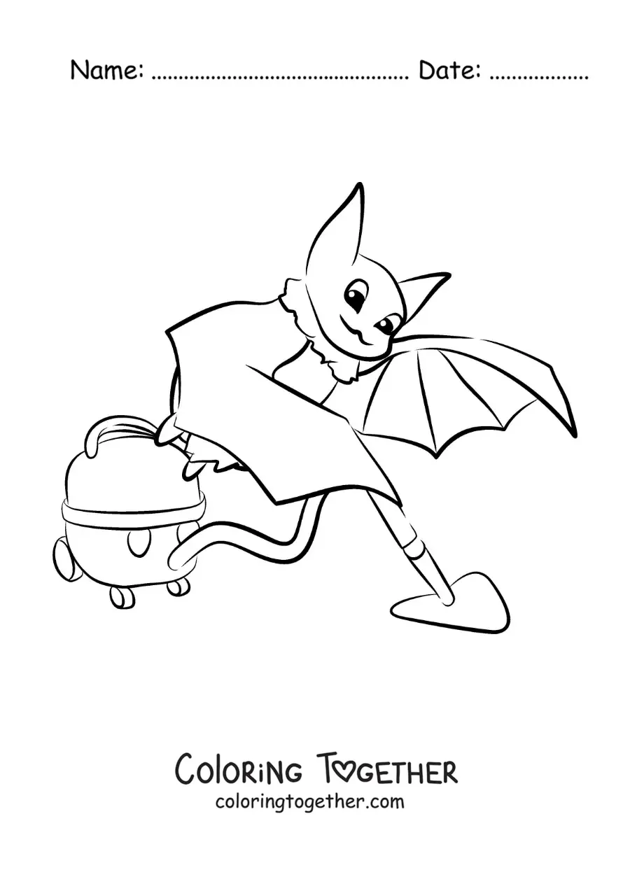 Coloring page of a cartoon bat vacuuming the floor